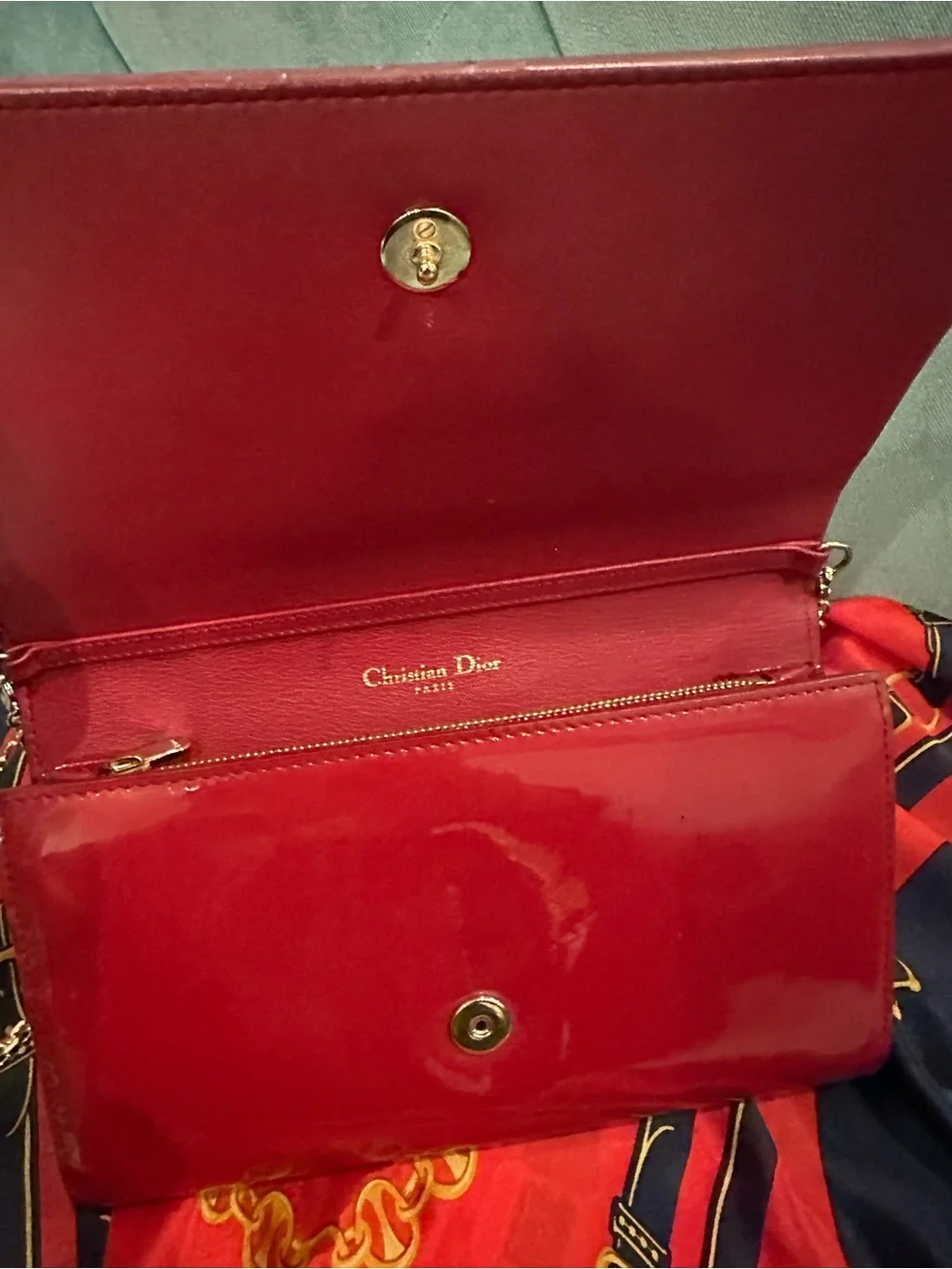 Dior Red Patent Leather Clutch with Gold CD Emblem and Chain